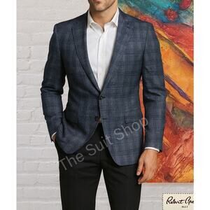 New Robert Graham Mens 44R Blue Plaid Casual Designer Blazer Sports Jacket